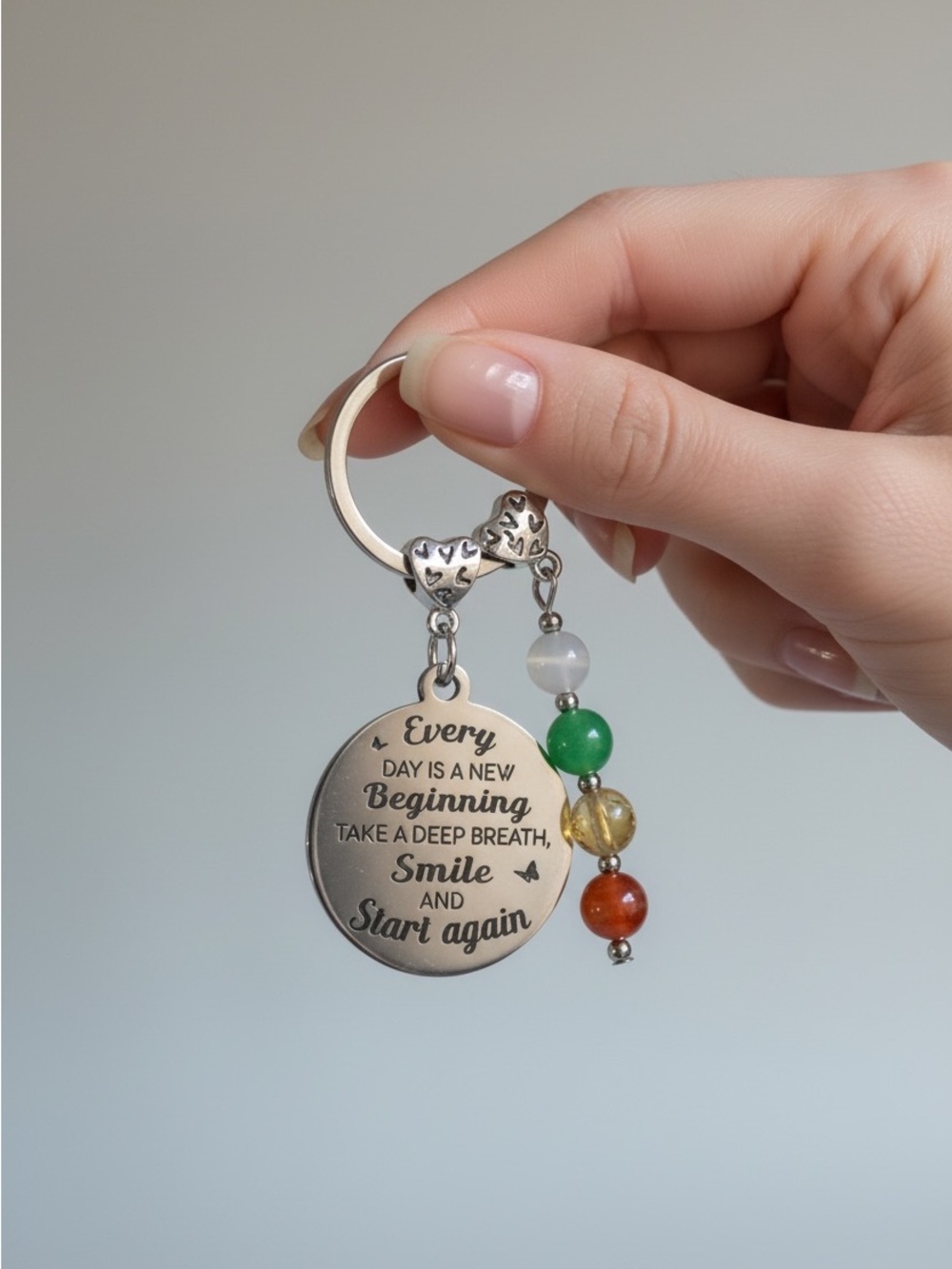 10/1 Inspirational Multi-Bead Silver Keychain - Green, Amber & Red